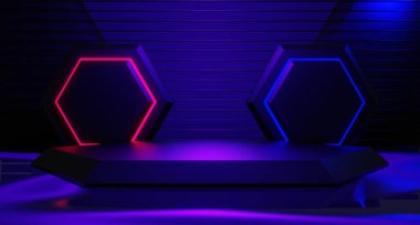 Esports Scifi oyun siberpunk, vr sanal gerçeklik simülasyonu ve metaevren soyut arka plan video oyunu, sahne kaidesi sahnesi, 3D illüstrasyon canlandırma, fütürist neon ışığı odası