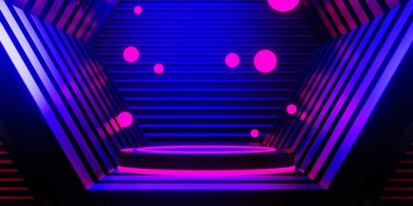 抽象的な背景ビデオゲームのEsports Scifiゲームサイバーパンク Vr仮想現実シミュレーションと回避 シーンスタンド台座ステージ 3Dイラストレンダリング 未来的なネオン輝く部屋 — ストック写真