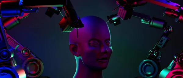 未来的な背景を持つ産業工場ビジネスのためのAi自動ロボットアームマシン 3Dイラストレンダリング — ストック写真