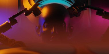 Esports Scifi oyun siberpunk, vr sanal gerçeklik simülasyonu ve metaevren soyut arka plan video oyunu, sahne kaidesi sahnesi, 3D illüstrasyon canlandırma, fütürist neon ışığı odası