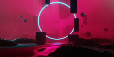 abstract cyberpunk city street gaming wallpaper background, 3d illustration rendering, metaverse virtual reality game