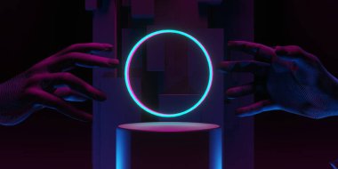 3d illustration rendering of futuristic cyberpunk city, gaming wallpaper scifi background, a esports gamer vs banner sign of neon glow, versus player challenge