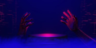 3d illustration rendering of futuristic cyberpunk city, gaming wallpaper scifi background, a esports gamer vs banner sign of neon glow, versus player challenge