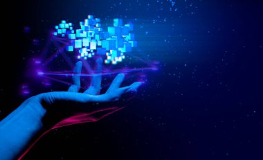 businessman hand holding holographic of  metaverse network on black background, metaverse internet social online technology, digital cryptocurrency coin