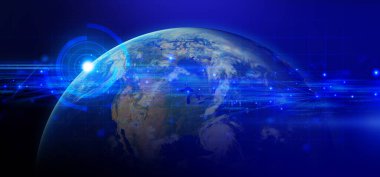 Toprak ve telekom için internet ağı, veri bulutu depolama, sosyal veri iletişiminin küresel ağı, NASA tarafından desteklenen bu resimlerin elementi, üç boyutlu resimleme