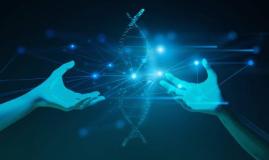 3D insan eli hafif kan DNA hücresi çift sarmallı yapı, illüstrasyon, sağlık hizmetleri ağı