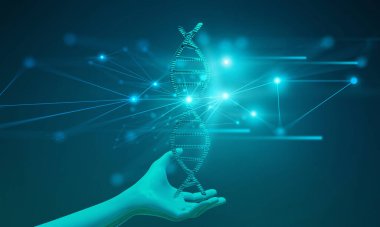3d of human hand holding the light blood dna cell double helix structure, illustration rendering, network of healthcare business clipart