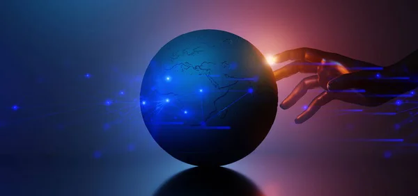 robot ai hand holding holographic of  globe metaverse network, metaverse internet social online technology, 3d illustration rendering