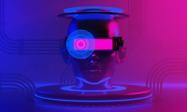 Robot ai 'nin kulaklığı, fütürist siber punk şehrinin 3D tasviri, duvar kâğıdı bilimkurgu geçmişi, metaevren teknolojisi