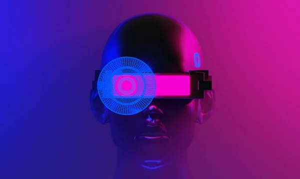 Headset Robot Fej Illusztráció Renderelés Futurisztikus Cyberpunk Város Játék Tapéta — Stock Fotó