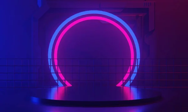 未来的なサイバーパンク都市の3Dイラストレンダリング ゲームの壁紙Scifiステージ台座の背景 Eスポーツゲーマー対ネオン輝きのバナーサイン — ストック写真
