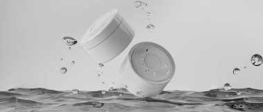 Cilt bakımı serumu krem losyon kozmetik şişesi, 3D çizim modeli, tıbbi spa tedavi ürünleri ambalajı ve su sıçraması.