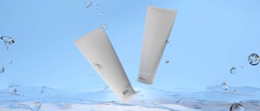 Cilt bakımı serumu krem losyon kozmetik şişesi, 3D çizim modeli, tıbbi spa tedavi ürünleri ambalajı ve su sıçraması.