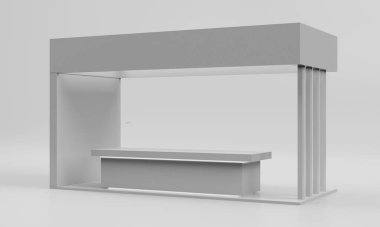 3d kabin illüstrasyon oluşturma, bir ekran tasarımı için sergi standı etkinliği, beyaz arka planda perakende ürün için ticaret gösterisi