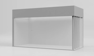 3d kabin illüstrasyon oluşturma, bir ekran tasarımı için sergi standı etkinliği, beyaz arka planda perakende ürün için ticaret gösterisi