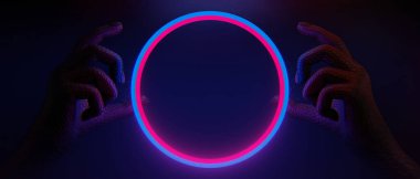 Fütürist siber punk şehrinin 3D çizimi, robot el arkaplanlı duvar kağıdı bilimkurgu sahne kaidesi, esport oyuncularına karşı neon parıltısının işareti.