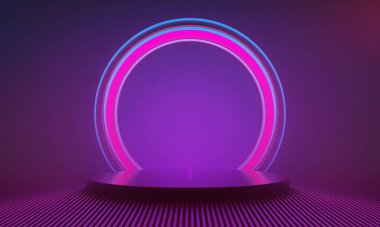 Fütürist siber punk şehrinin 3D çizimi, oyun duvar kâğıdı bilimkurgu sahne kaidesi arka planı, bir esport oyuncusuna karşı neon parıltısı işareti.