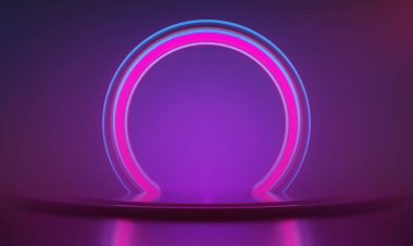 Fütürist siber punk şehrinin 3D çizimi, oyun duvar kâğıdı bilimkurgu sahne kaidesi arka planı, bir esport oyuncusuna karşı neon parıltısı işareti.