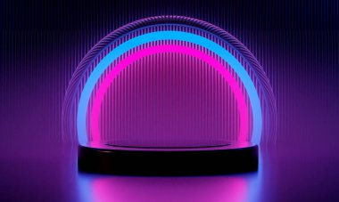 Fütürist siber punk şehrinin 3D çizimi, oyun duvar kâğıdı bilimkurgu sahne kaidesi arka planı, bir esport oyuncusuna karşı neon parıltısı işareti.