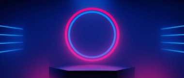 Fütürist siber punk şehrinin 3D çizimi, oyun duvar kâğıdı bilimkurgu sahne kaidesi arka planı, bir esport oyuncusuna karşı neon parıltısı işareti.