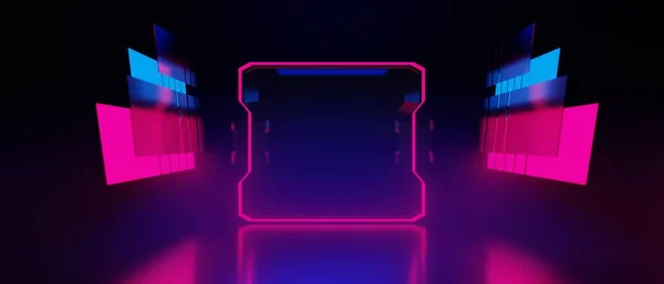 未来的なサイバーパンクシティの3Dイラストレンダリング ゲームのScfiステージディスプレイ台座の背景 ネオン輝くスタンド表彰台のゲーマーバナーサイン — ストック写真