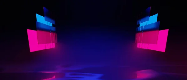 未来的なサイバーパンクシティの3Dイラストレンダリング ゲームのScfiステージディスプレイ台座の背景 ネオン輝くスタンド表彰台のゲーマーバナーサイン — ストック写真