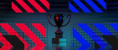 Fütürist siber punk şehrinin 3 boyutlu çizimi, oyun bilimkurgu kupasının şampiyonluk kupası sahne arkası, neon ışıklı podyumun oyuncu pankartı.