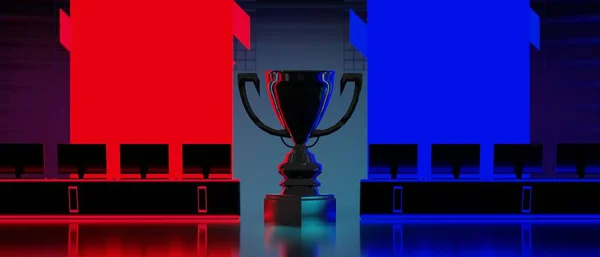 未来的なサイバーパンク都市の3Dイラストレンダリング ゲームのScfiステージディスプレイ台座の背景のチャンピオンカップをエスポート ネオン輝くスタンドの表彰台のゲーマーバナーサイン — ストック写真