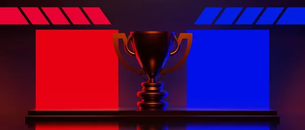 未来的なサイバーパンク都市の3Dイラストレンダリング ゲームのScfiステージディスプレイ台座の背景のチャンピオンカップをエスポート ネオン輝くスタンドの表彰台のゲーマーバナーサイン — ストック写真