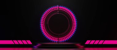 Fütürist siber punk şehrinin 3D çizimi, oyun bilimkurgu sahne arka planı, oyuncu pankartı neon kürsü podyumu.