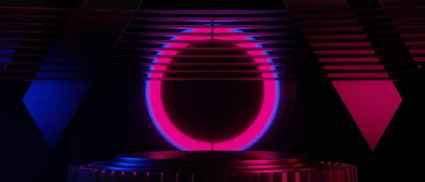 未来网络庞克城 博彩科幻舞台底座背景 霓虹灯台游戏横幅标识的三维图解绘制 — 图库照片