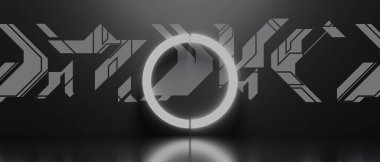 Fütürist siber punk şehrinin 3D çizimi, oyun bilimkurgu sahne arka planı, oyuncu pankartı neon kürsü podyumu.