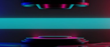 Fütürist siber punk şehrinin 3D çizimi, oyun bilimkurgu sahne arka planı, oyuncu pankartı neon kürsü podyumu.