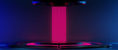 Fütürist siber punk gösteriminin 3D çizimi, oyun bilimkurgu sahne kaidesi arka planı, neon ışıklı kürsü ürün podyumu pankartı