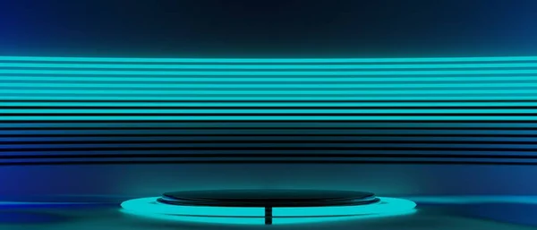 3d illustration rendering of futuristic cyberpunk display, gaming scifi stage pedestal background, gamer banner sign of neon glow stand podium for product