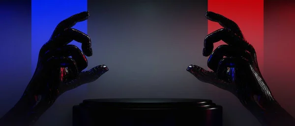 未来的なサイバーパンクディスプレイの3Dイラストレンダリング ゲームのScfiステージ台座の背景 製品のためのネオン輝くスタンド表彰台のゲーマーバナー看板 — ストック写真