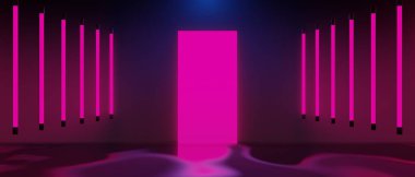 Teknoloji fütüristik siber punk görüntüleme, oyun bilimkurgu sahne kaidesi arka planı, neon ışıklı kürsü ürün podyumunun oyuncu pankartı