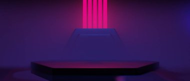 Teknoloji fütüristik siber punk görüntüleme, oyun bilimkurgu sahne kaidesi arka planı, neon ışıklı kürsü ürün podyumunun oyuncu pankartı