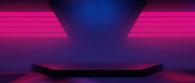 Teknoloji fütüristik siber punk görüntüleme, oyun bilimkurgu sahne kaidesi arka planı, neon ışıklı kürsü ürün podyumunun oyuncu pankartı