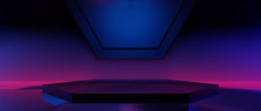 Teknoloji fütüristik siber punk görüntüleme, oyun bilimkurgu sahne kaidesi arka planı, neon ışıklı kürsü ürün podyumunun oyuncu pankartı