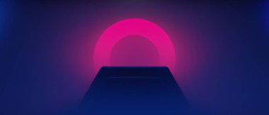 Teknoloji fütüristik siber punk görüntüleme, oyun bilimkurgu sahne kaidesi arka planı, neon ışıklı kürsü ürün podyumunun oyuncu pankartı