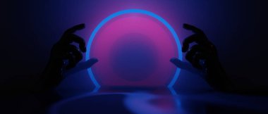 Teknoloji fütüristik siber punk görüntüleme, oyun bilimkurgu sahne kaidesi arka planı, neon ışıklı kürsü ürün podyumunun oyuncu pankartı