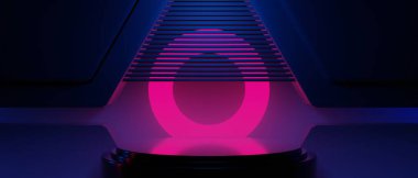 Teknoloji fütüristik siber punk görüntüleme, oyun bilimkurgu sahne kaidesi arka planı, neon ışıklı kürsü ürün podyumunun oyuncu pankartı