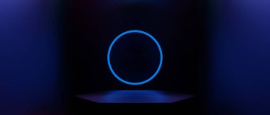 Teknoloji fütüristik siber punk görüntüleme, oyun bilimkurgu sahne kaidesi arka planı, neon ışıklı kürsü ürün podyumunun oyuncu pankartı