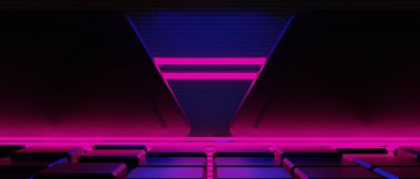 Teknoloji fütüristik siber punk görüntüleme, oyun bilimkurgu sahne kaidesi arka planı, neon ışıklı kürsü ürün podyumunun oyuncu pankartı