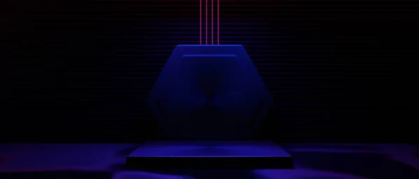 3d illustration rendering of technology futuristic cyberpunk display, gaming scifi stage pedestal background, gamer banner sign of neon glow stand podium for product