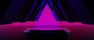 Teknoloji fütüristik siber punk görüntüleme, oyun bilimkurgu sahne kaidesi arka planı, neon ışıklı kürsü ürün podyumunun oyuncu pankartı