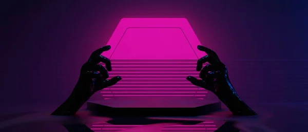 Illusztráció Renderelés Technológia Futurisztikus Cyberpunk Kijelző Játéktudomány Színpadi Piedesztál Háttér — Stock Fotó