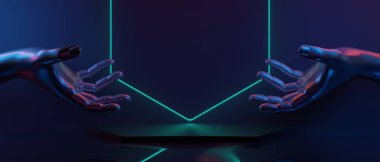 Robot el teknolojisinin fütüristik siber punk gösterimi, oyun bilimkurgu sahne kaidesi arka planı, neon ışıklı podyumun oyuncu pankartı. 