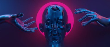 Robot el teknolojisinin fütüristik siber punk gösterimi, oyun bilimkurgu sahne kaidesi arka planı, neon ışıklı podyumun oyuncu pankartı. 